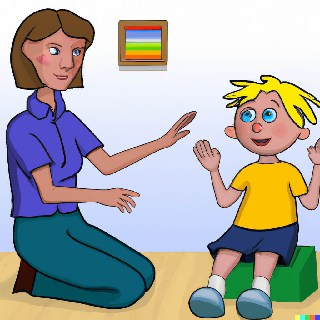cartoon painting of a child playing with an therapist